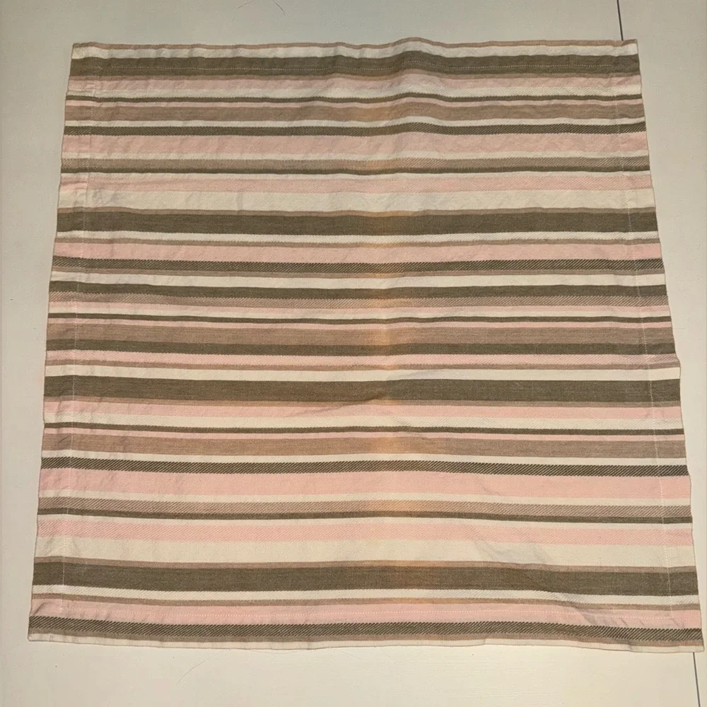 West Elm linen Pink/Taupe/White striped napkins or place settings.